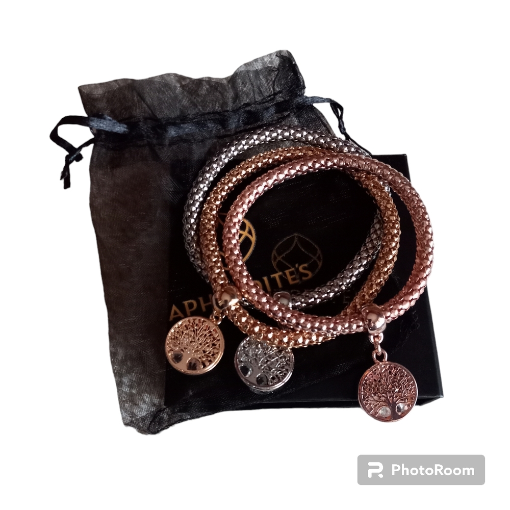 Aphrodites Tree of Life Charm Bracelets Stretch Gold Silver Rose Plated Crystals